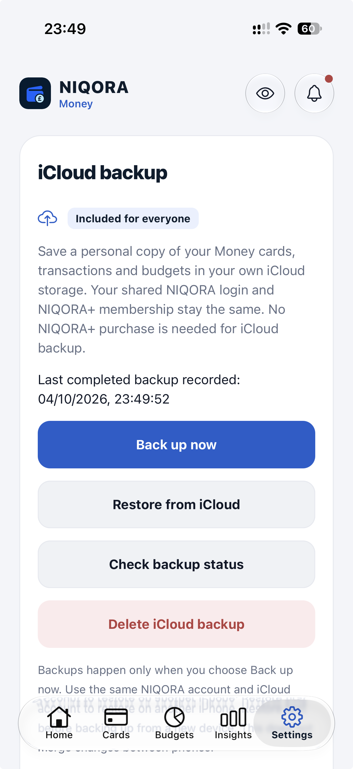 NIQORA Money backup screen with example data