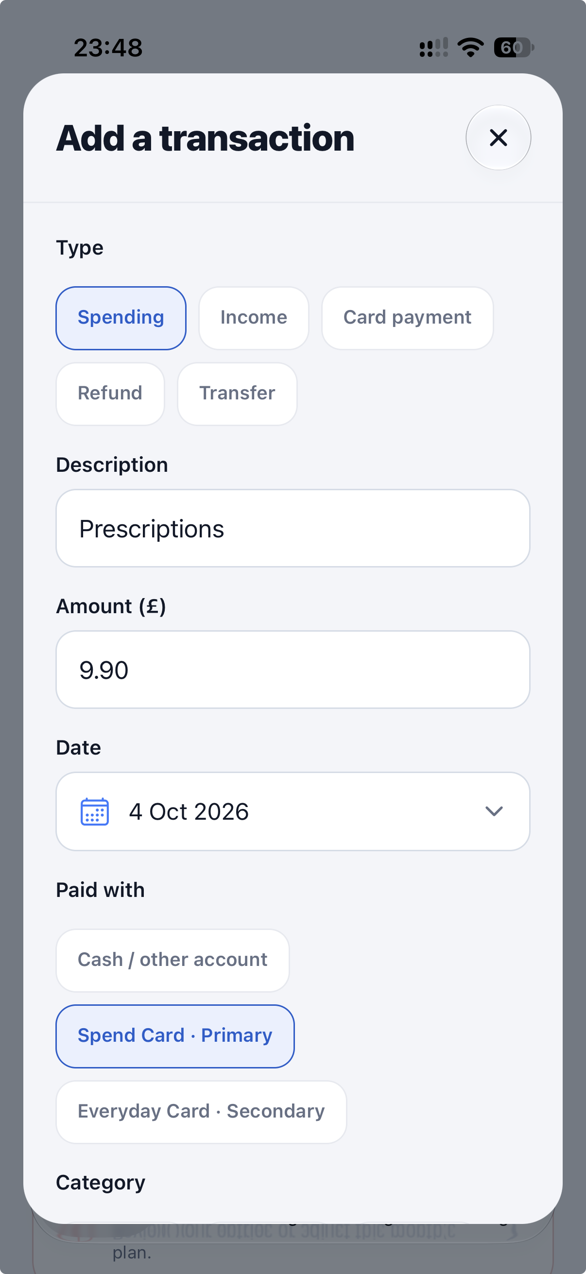 NIQORA Money transactions screen with example data